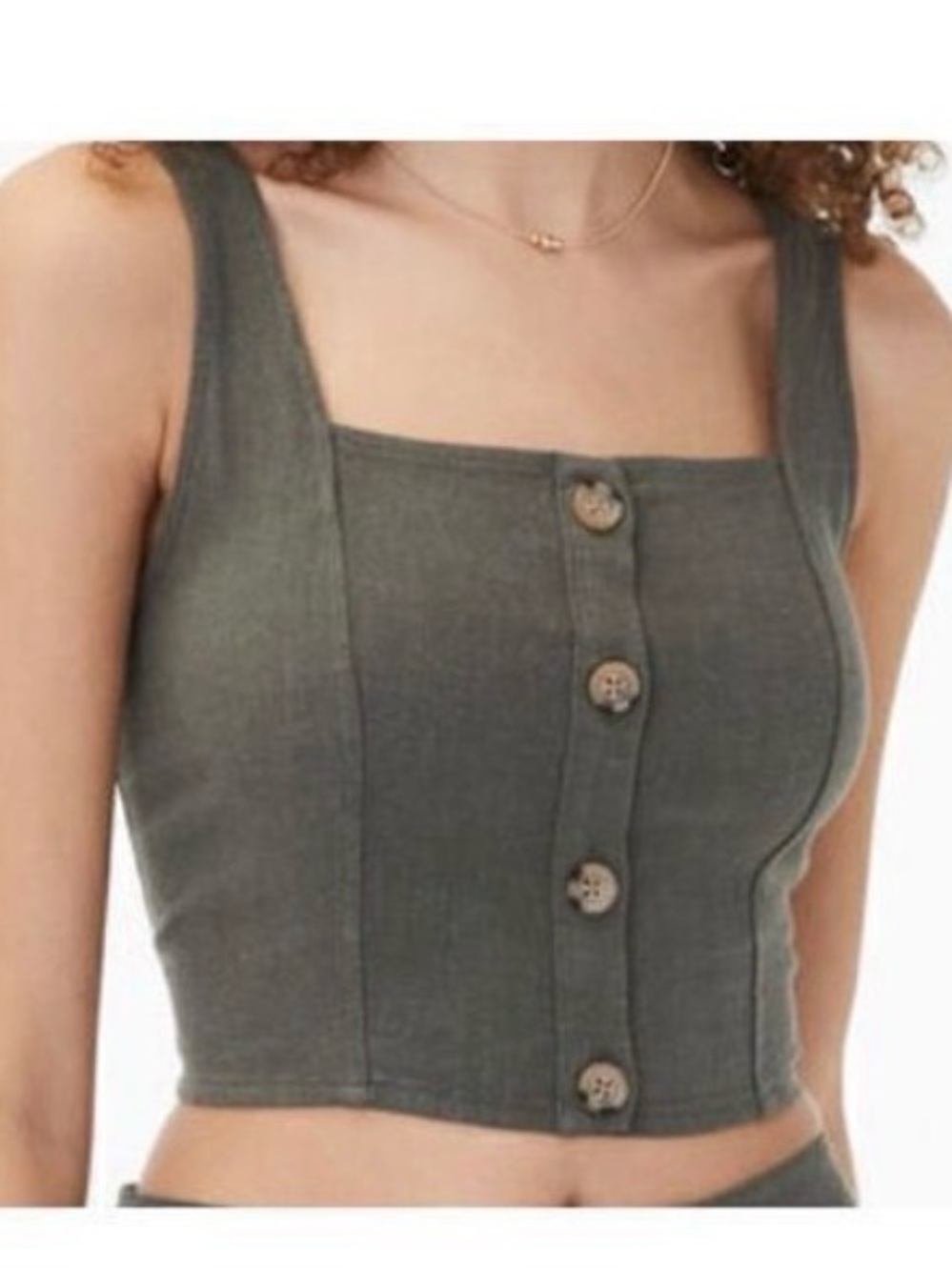 Aeropostale Linen Olive Green Button-Front Cropped Tank Y2K Summer Top